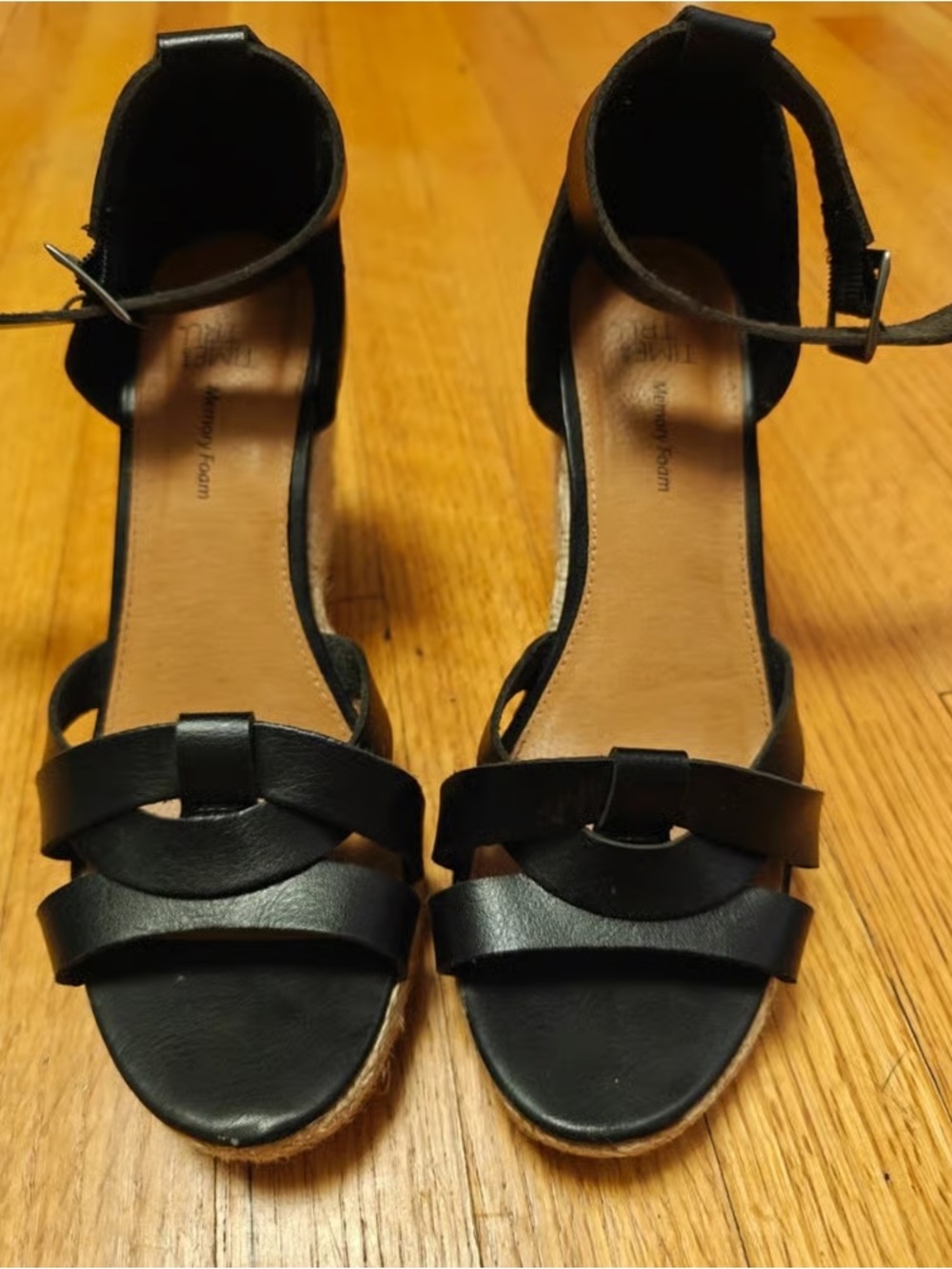 Time and Tru Black Ankle-Strap Wedge Sandals
